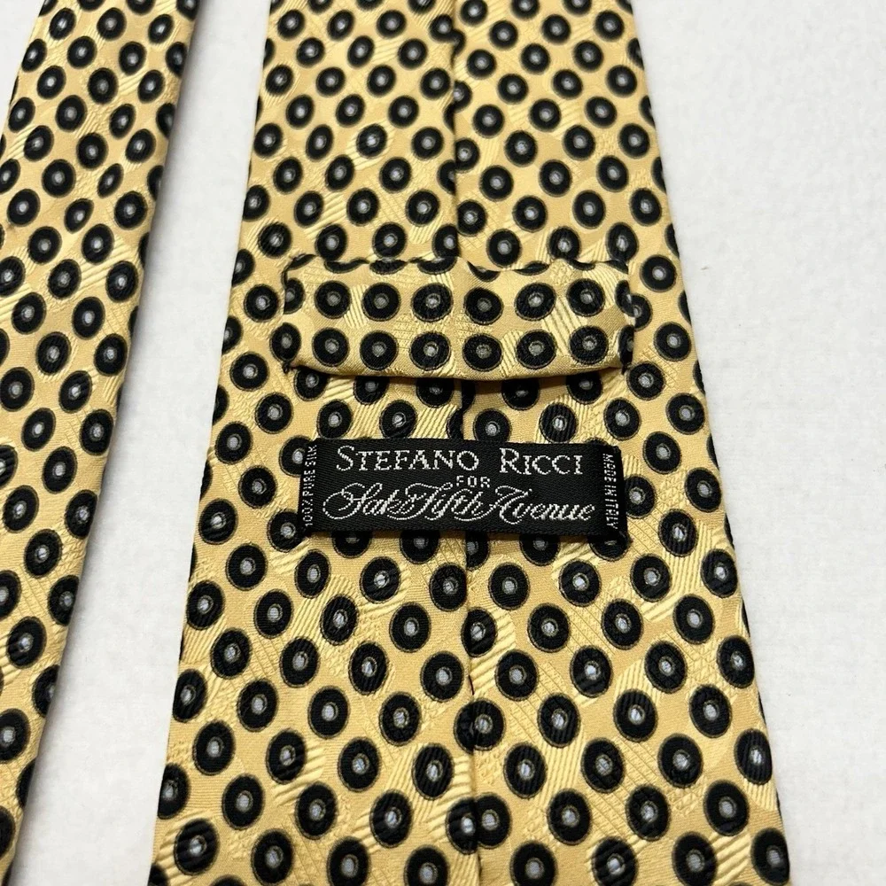 Stefano Ricci Gold Pure Silk Luxury Tie w Black‎ Circles Made in Italy